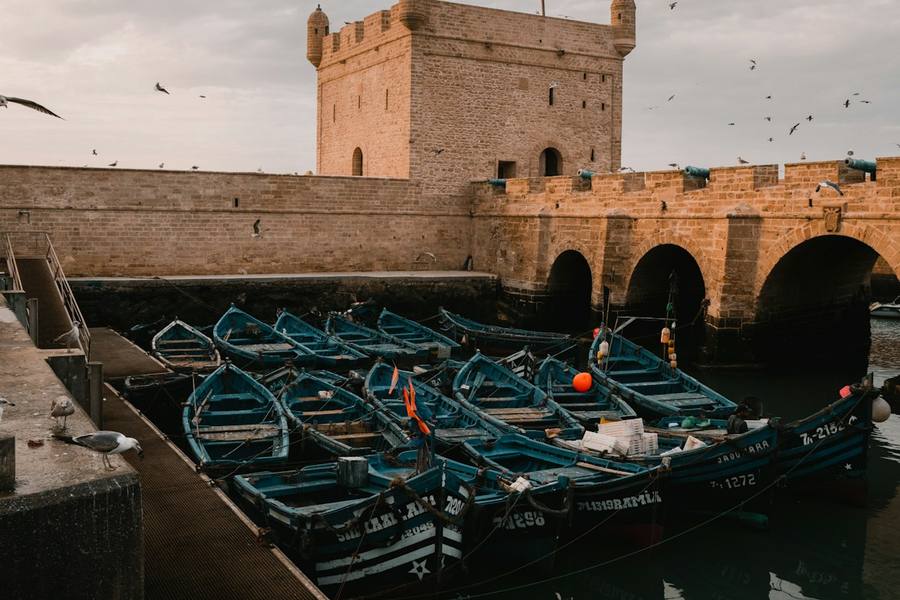 Blue fishing boats below the sea wall in Essaouira
